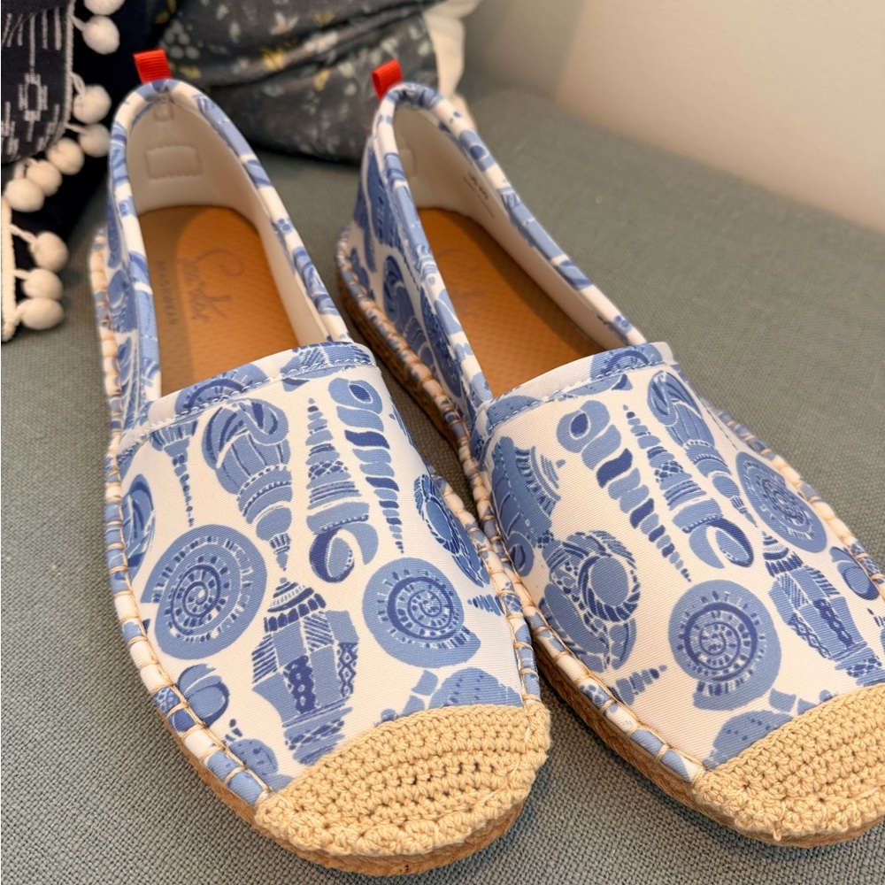 NEW Waterproof SeaStar Blue Shell Print Canvas Espadrille Flats